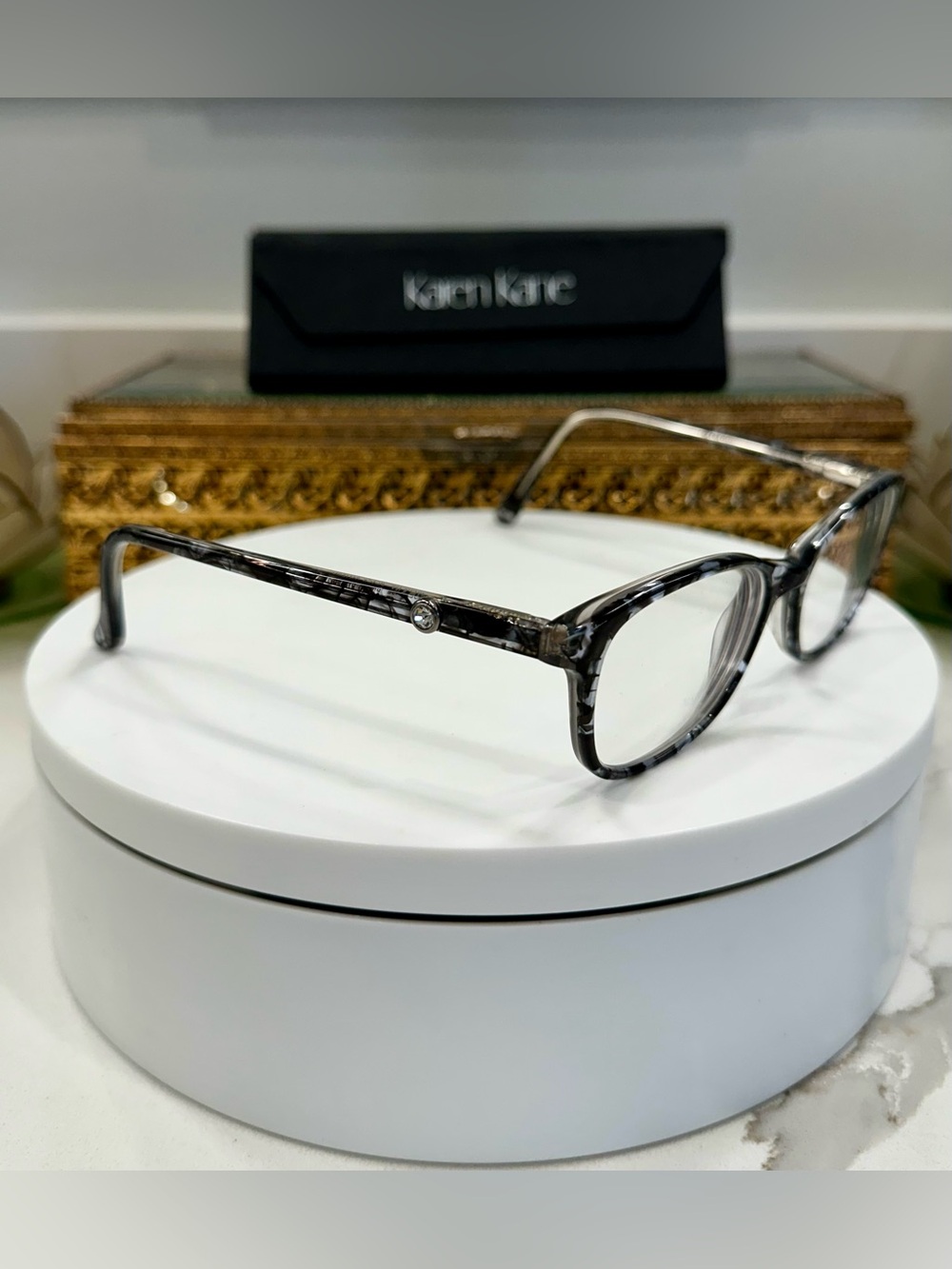 Karen Kane Nightowl Petite Black Pattern Rx Eyeglass Frames EUC w/ KK Hard-Case